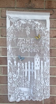 Vintage Lace Wall Hanging Time Began in a Garden Butterflies 25'' Cottagecore