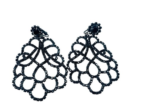 Vintage Rare KJL Kenneth Jay Lane BLACK CRYSTAL DROP DANGLE CLIP EARRINGS 3.5"