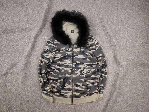 Vintage Japanese if six was nine style Bondage Camo Black Fur Zip Hoodie Y2K