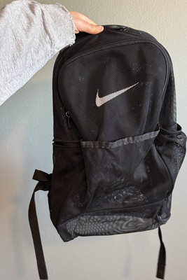 Nike Black Backpack White Swoosh Mesh Front Pocket Zip, Adjustable Straps
