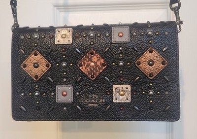 Coach Foldover Crossbody Clutch With Prairie Rivets And Snakeskin Detail (25681)