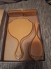 Vintage Celluloid Bakelite Art Deco Dresser Vanity 3 Piece Set Amber Black Gold