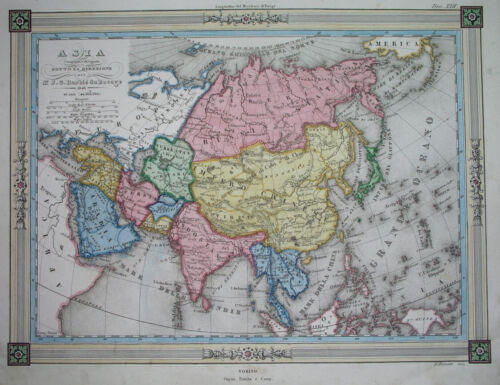 1843 italian ORIGINAL MAP ASIA ARABIA CHINA INDIA THAILAND KOREA PERSIA MALAYSIA - Picture 1 of 10