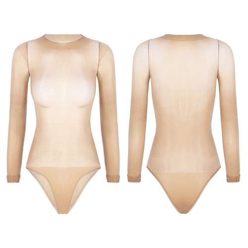 UK Womens See-Through Bodysuit Body Stockings Long Sleeve Tops High Cut Jumpsuit - Picture 19 of 66