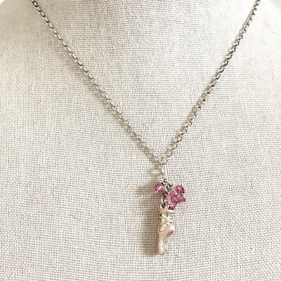 925 Sterlingsilber Vintage rosa Emaille Ballerina Hausschuhe Kristall Halskette 15 Zoll