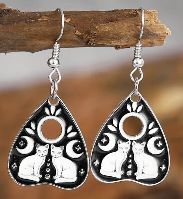 Witchy Magical Cat Planchette Dangle Earrings