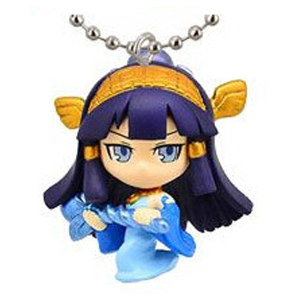 Purple-haired Puzzle & Dragons HOLY ISIS mascot figure with gold accents, blue robe, and attached silver ball key chain.
