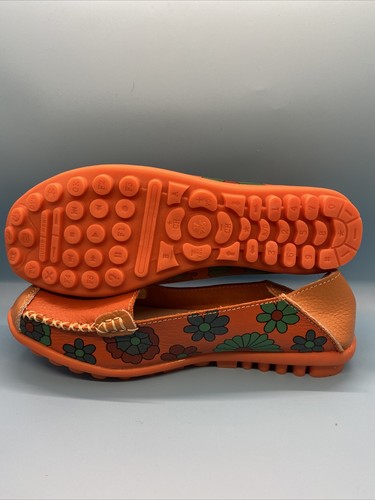 Socofy Orange Brown Floral Leather Casual Slip On Loafers Women's EU 37 US 6 - Picture 2 of 8