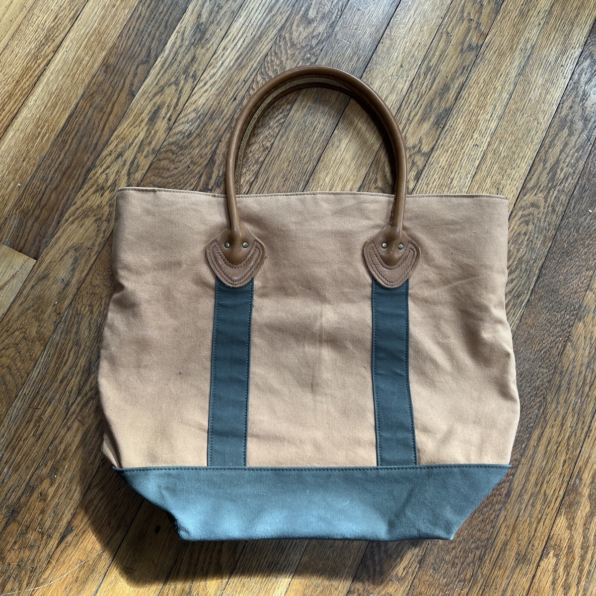 LL Bean Boat Tote Canvas Khaki Green Leather Handle Plaid