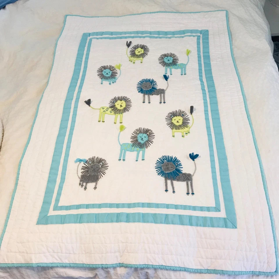 Edredón Pottery Barn bebé león algodón orgánico manta niño cuna aguamarina Foto 3 de 4