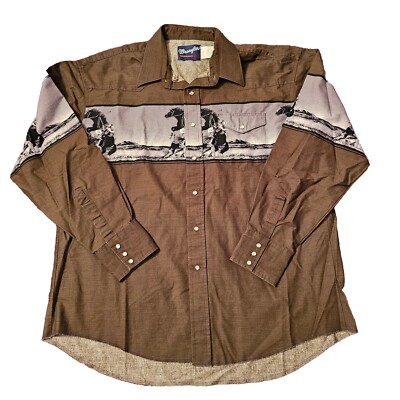Vintage Wrangler XL Cowboy Horse Roping Rodeo Wrap Around Pearl Snap Shirt