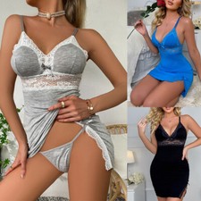 Womens Lingerie Lace Cotton Blend V-Neck Dress Robe Nightie Babydoll Sleepwear
