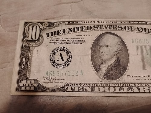 1934-A $10 DOLLARS FED RESERVE NOTE Boston Slight Misalignment Crisp A68357122A - Picture 3 of 4