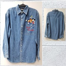 EUC Vintage Mickey Mouse Goofy Donald Duck EMBROIDERED Shirt Men M Medium Denim