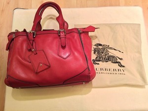 Details About Auth Burberry Red Grain Leather Handbag Size Large