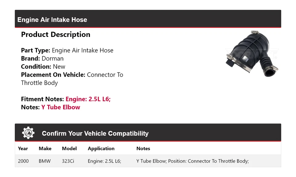 Manguera de admisión de aire del motor Dorman L6 2,5 L BMW 323Ci 2000 Foto 2 de 4