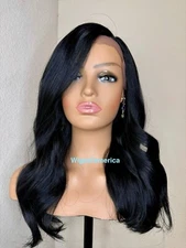 Black Wig Lace Front Side Part 20 Inches Long Wavy Layered Heat Ok