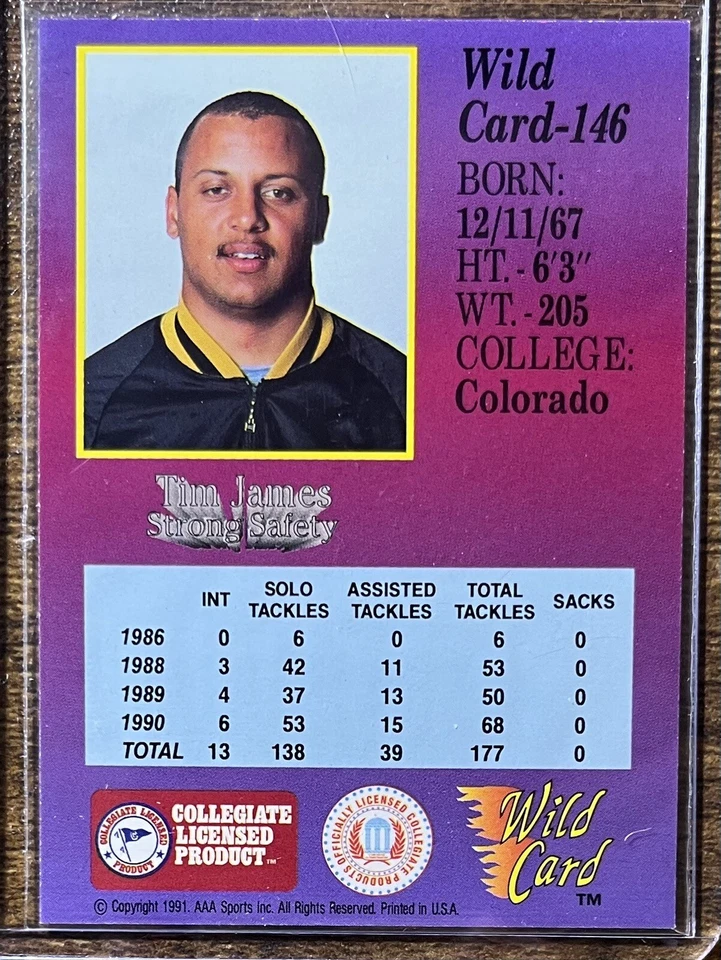TIM JAMES 1991 Wild Card Draft #146 Colorado Buffaloes 50 STRIPE - Image 2 of 2