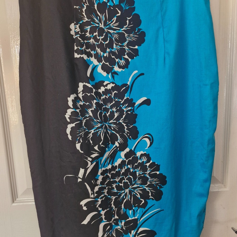 Debenhams Midi Dress Size 16 Blue/Black Floral Lined Cotton/Elastane