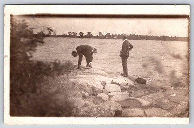 Warroad Minnesota~DA Leonard~Men on Rocks Muskeg Bay~Lake of the Woods~1914 RPPC