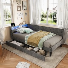 Schlafsofa 90x200 cm mit LED USB,Polsterbett Bettgestell mit Lattenrost Stauraum