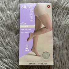 Silk Impressions Sheer Shimmer Tights Women Size Medium Soft Silver High Waisted