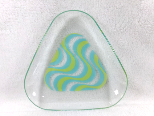 Vintage Clear Triangle Glass Dishes Orange Blue Green Waves Optic Design MCM - Picture 3 of 7