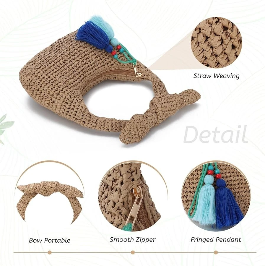 Straw Bow Clutch Knotted Summer Beach Handbags Woven Tote Bag for Party Wedding - Image 3 of 4