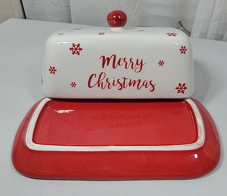Merry Christmas Red & White Snowflakes Ceramic Butter Dish NWOT - Image 3 of 4