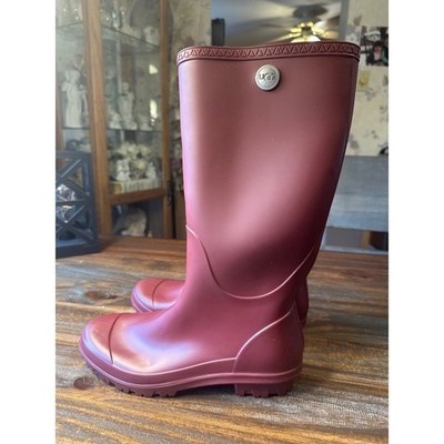 UGG Shelby Matte Rain Boots Burgundy Tall Rubber Wool Foot Sz 7 Waterproof