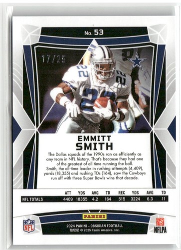 2024 Panini Obsidian #53 Emmitt Smith Blue #/25 - Picture 2 of 2