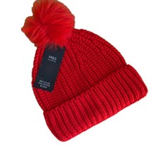 M&S Ladies Pom Pom Beanie Knitted Bobble Hat in Red (One Size) New With Tags 