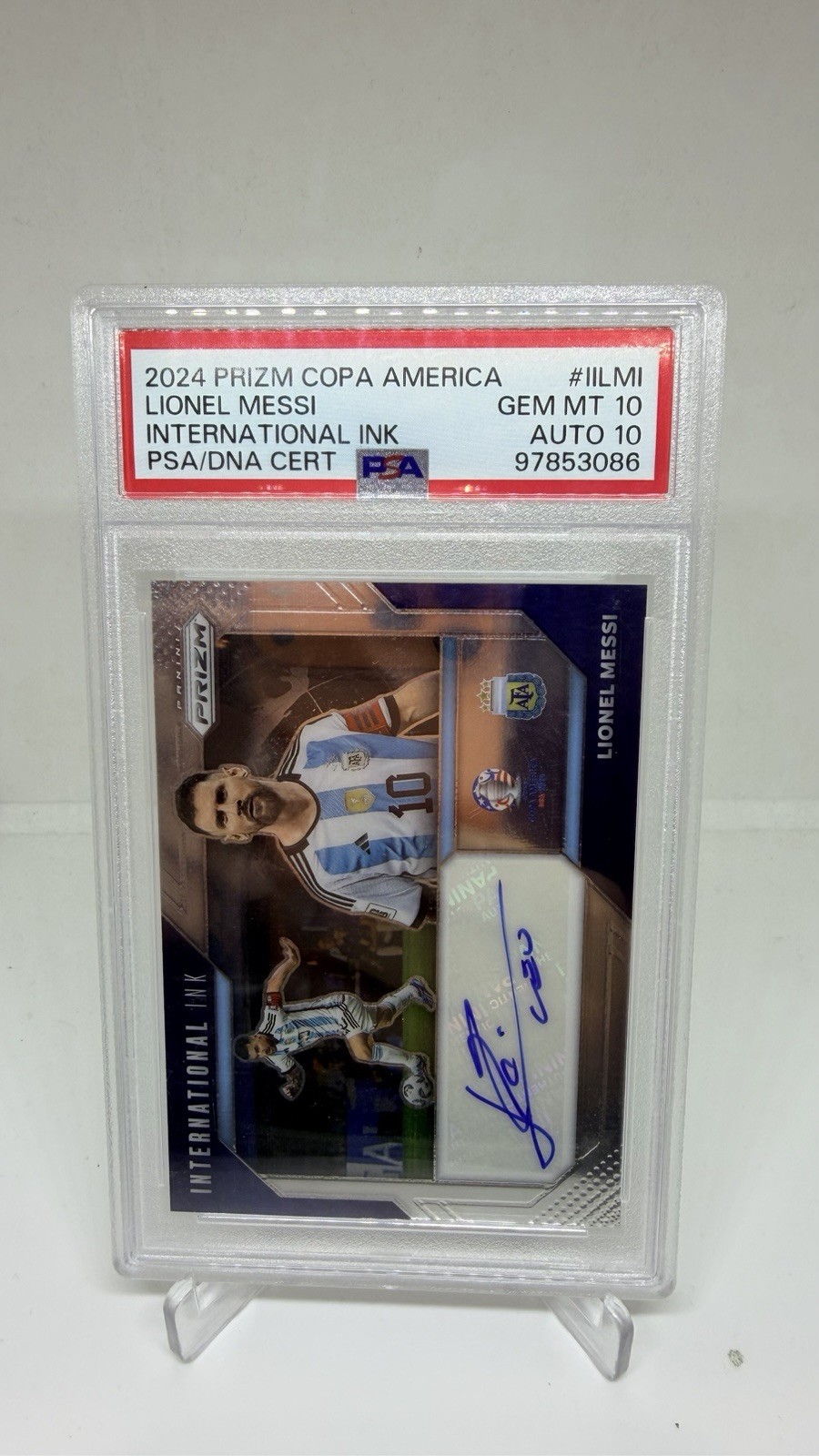 2024 Prizm Conmebol Copa America Lionel Messi International Ink Auto PSA 10/10