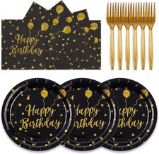 Serves 25, 75PCS Happy Birthday Paper Plates - 7 Inch Black Gold Dot Paper 