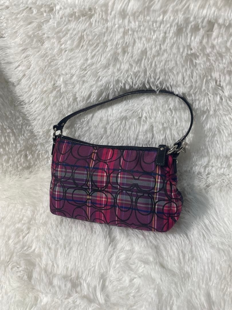 COACH Signature Women's Hand Shoulder Bag Purple Tote check pattern Purse Used thumbnail 2