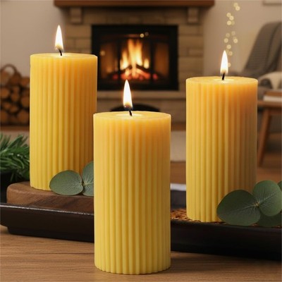 3 Pack Pure Beeswax Pillar Candles Bulk Organic Ribbed Bees Wax Decorative Ca...