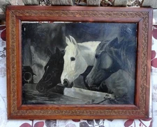 antique 3 HORSES S. Laird Millboard Painting F.W. Devoe NEW YORK ~1800’s~