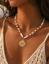 Vacation Beach Vibes Shell Pendant Necklace, Starfish Necklace Handmade