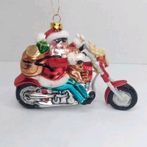 Motorcycle Santa Christmas Ornament Robert Stanley Bike Has Antlers 2007