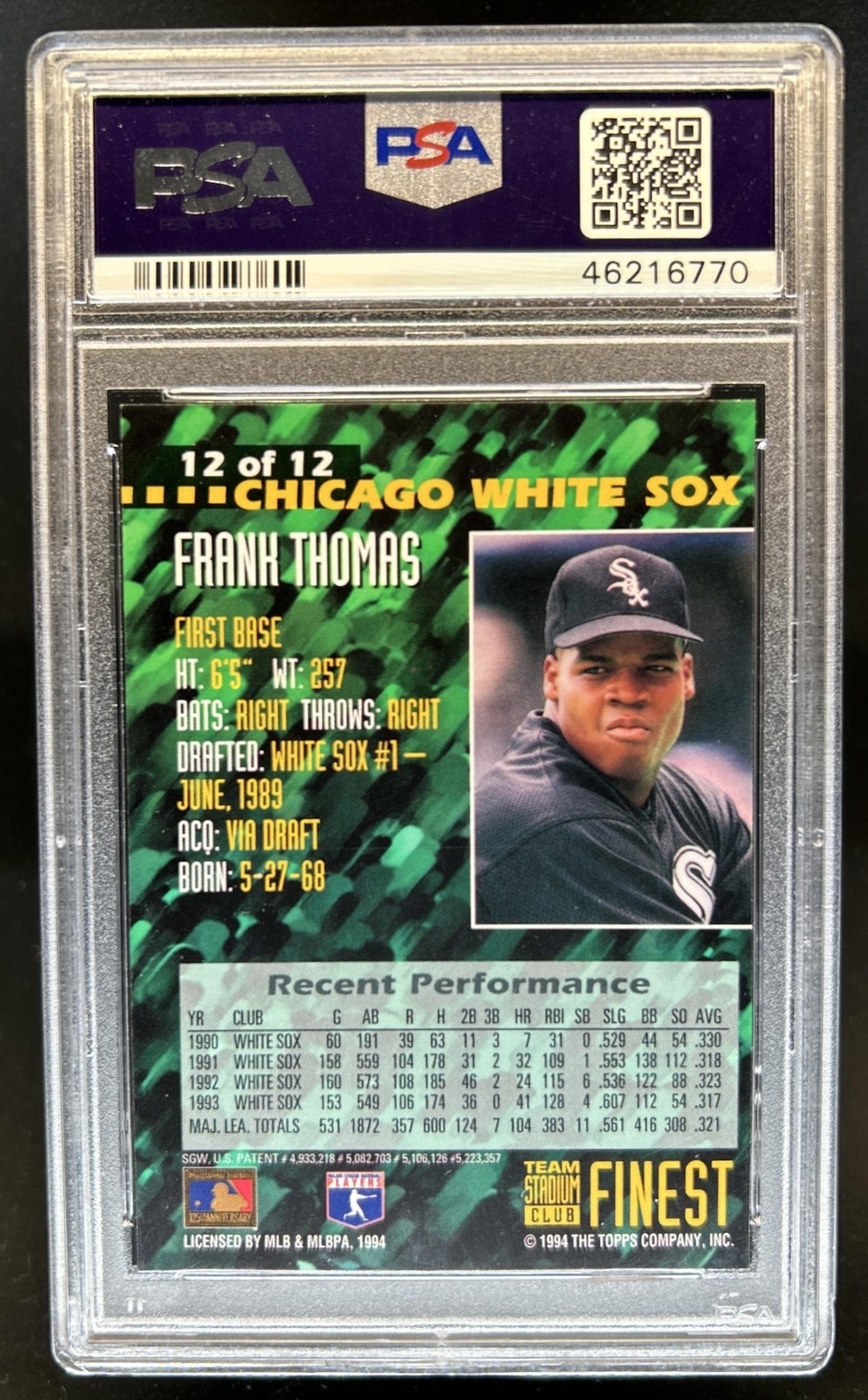 1994 Topps Stadium Club Team Frank Thomas Finest #12 White Sox PSA 8 view 2