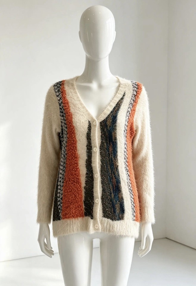 LLIA Women’s Knit Cardigan Jumper V-Neck Button Colourblock | Size: S Beige