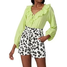 Love Whit, Whitney Port Ruffle Blouse Lime Green 100% Cotton Tie Women's Size M