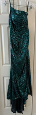 SHERRI HILL FORMAL GOWN PROM 00 GREEN SEQUINS RUCHED HIGH SLIT OFF SHOULDER