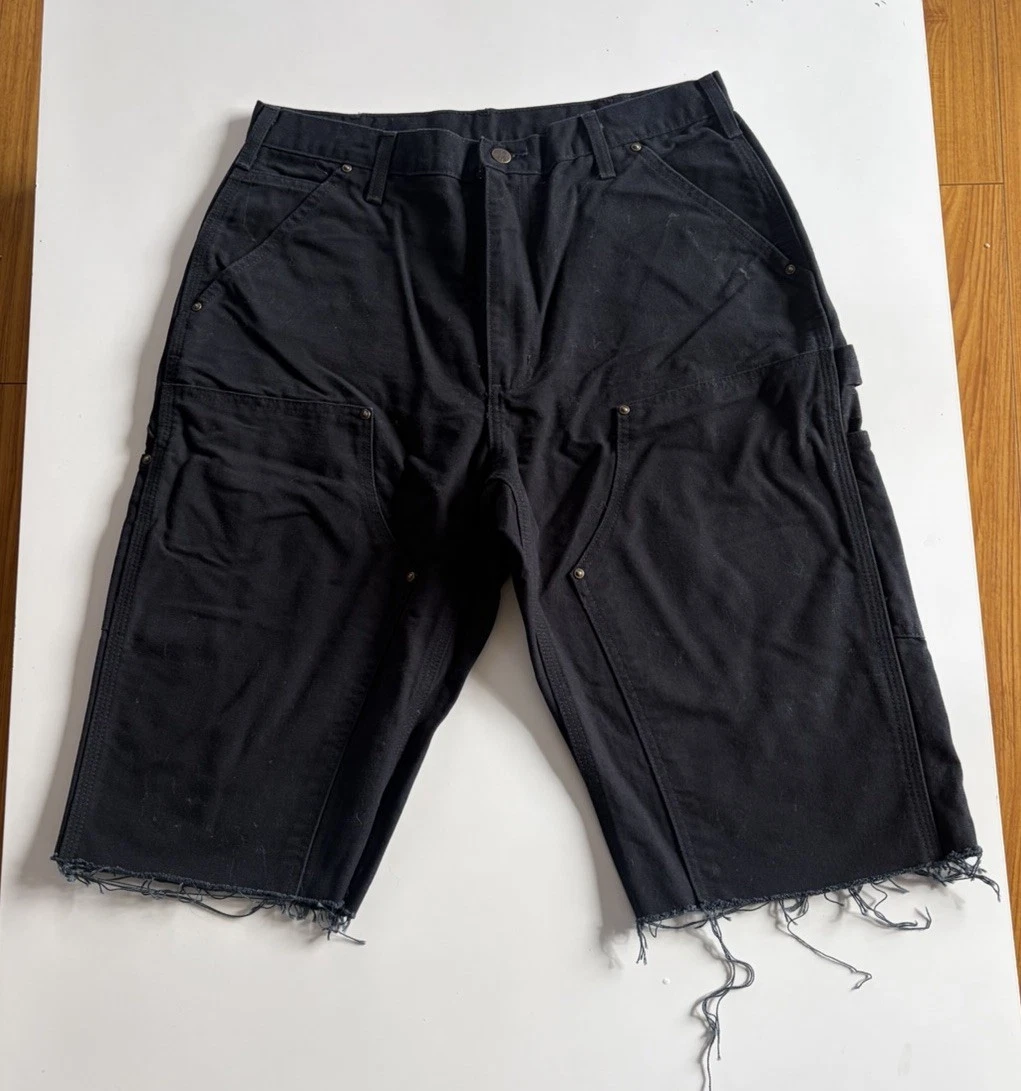Carhartt Double Knee Canvas Shorts Black Original Dungaree Fit Frayed Hem size34