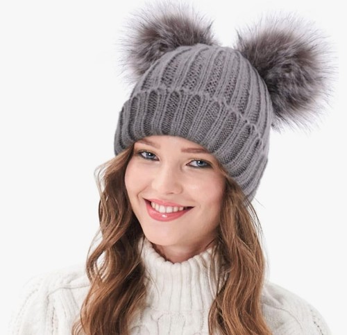 NWT ARCTIC PAW pom pom cable knit bear beanie in Gray, fleece lined hat, NEW - Picture 3 of 11