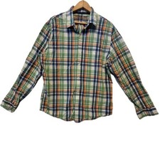 Old Navy The Classic Shirt Slim Fit Blue Orange Green Plaid Button Up Size L