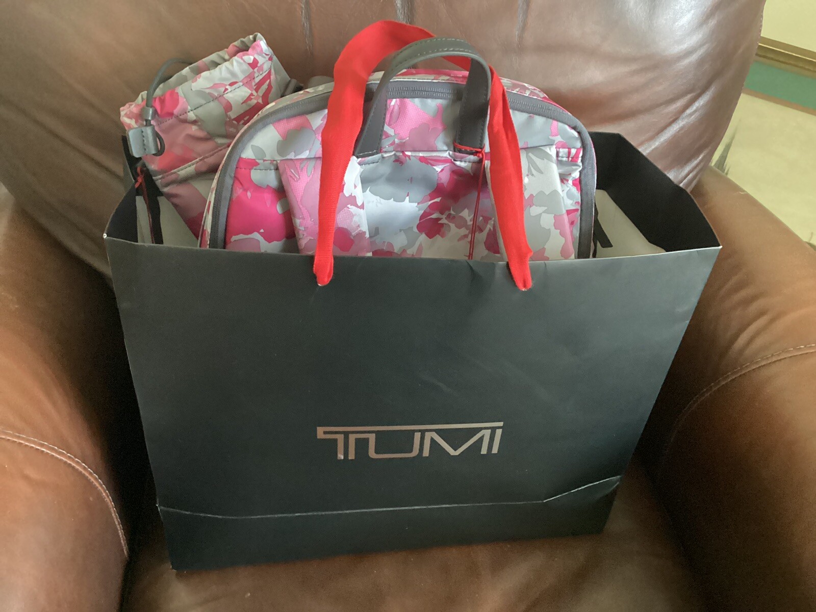 TUMI pink gray Women's Laptop Backpack and crossbody bag set costs 500