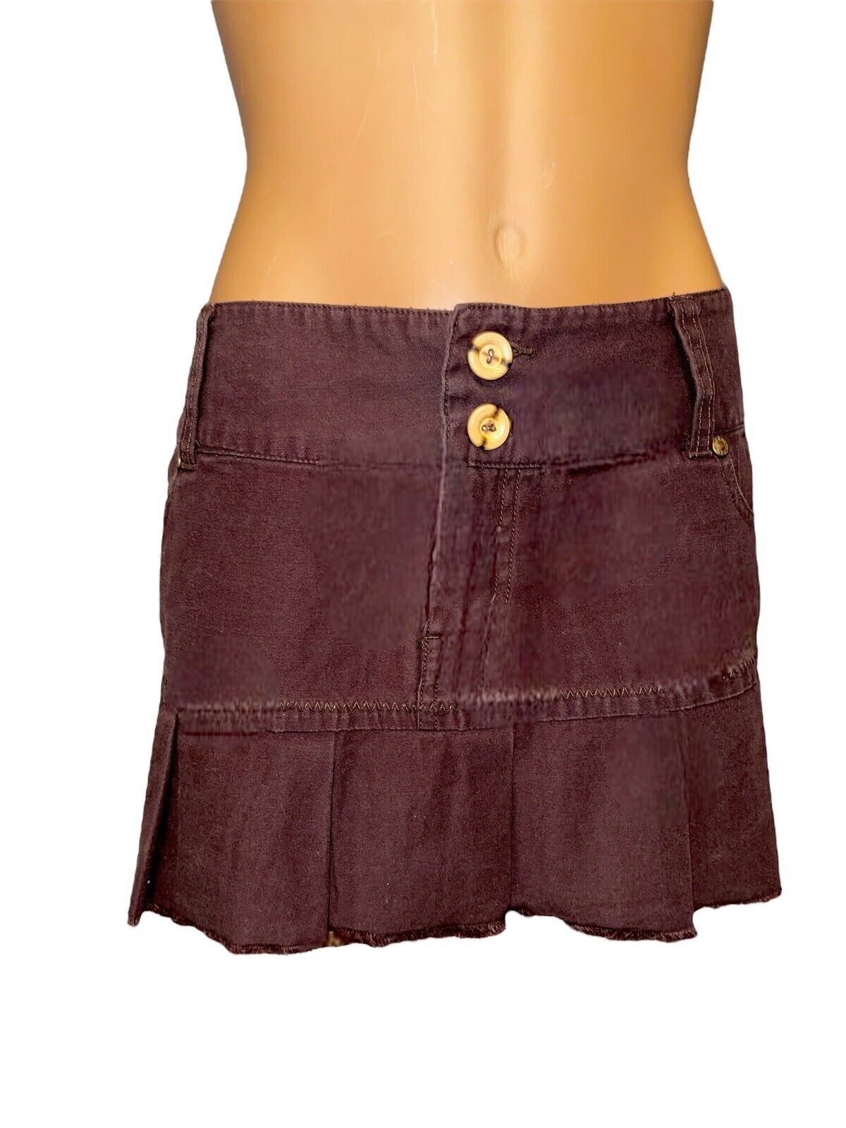 Vintage Y2K MINI SKIRT Size 7 Low Rise Drop Pleated Raw Edge Brown