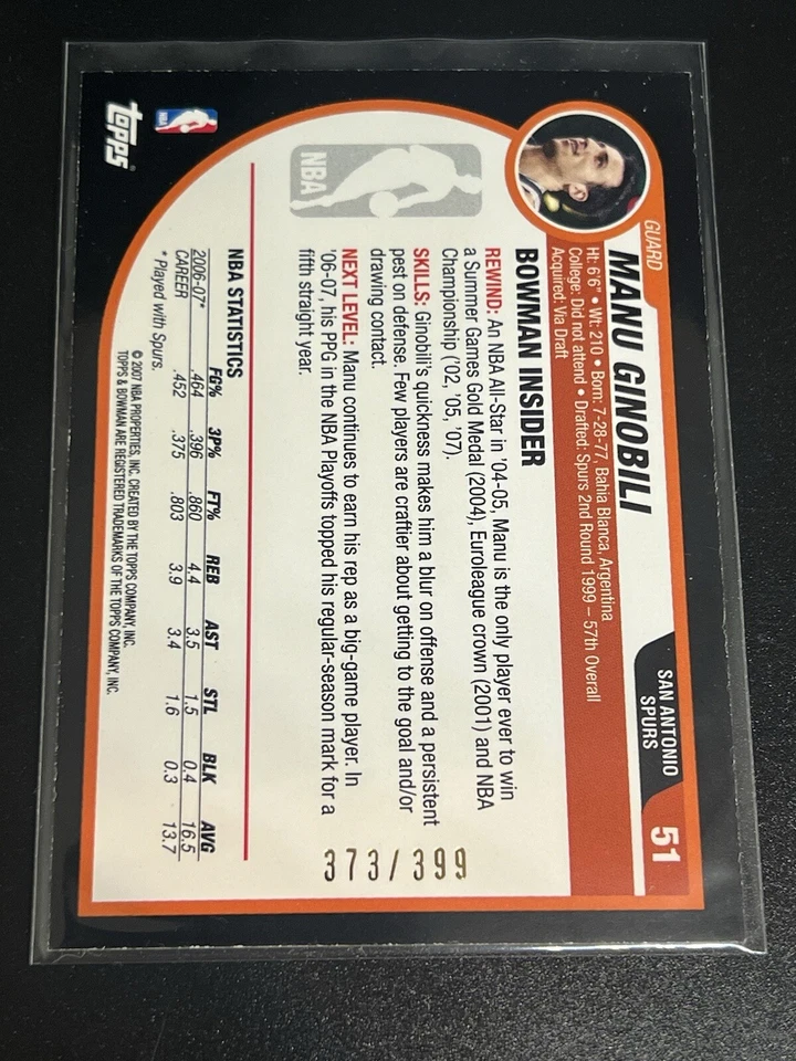 2007-08 Bowman Draft Picks & Stars Bronze 51 Manu Ginobili #d/399 - Spurs ! - Image 2 of 2