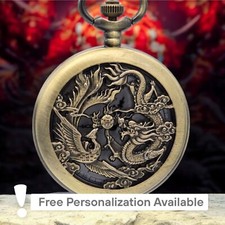 Dragon Phoenix Pocket Watch Vintage Look Chinese Mythology Yin Yang Gift NEW
